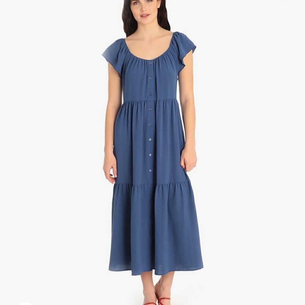 Maggy London Women's Ruffle Sleeve Scoop Neck Tiered Easy Shirtdress Midi 22W